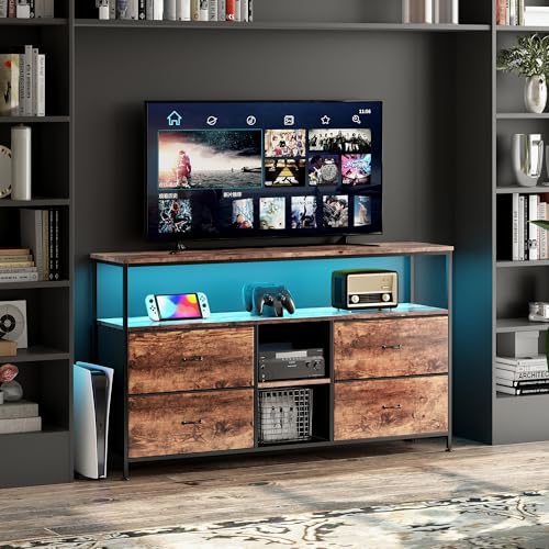 MISNODE TV-Schrank mit LED, Schubladen und Regalen aus Stoff, Multimedia-Konsole mit Blumenmuster, Unterhaltungszentrum für Wohnzimmer und Schlafzimmer (137 cm + Braun-B) von MISNODE