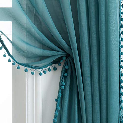 MISS SELECTEX Vorhänge in Leinenoptik, mit Pompom-Quasten, durchscheinende Vorhänge – Stangentasche, Voile, halbtransparent, für Wohnzimmer und Schlafzimmer, 2er-Set Vorhänge (132 x 160 cm, blaugrün) von MISS SELECTEX
