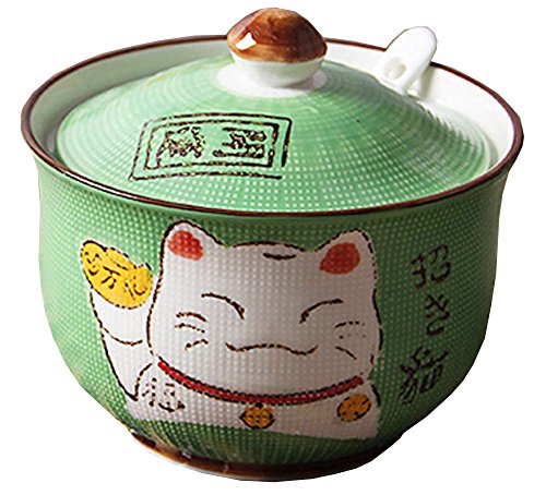 Keramikdose mit japanischem Maneki Neko Glückskatze für Zucker, Salz, Pfeffer, Vorratsdose mit Deckel und Löffel von MISS TUTU
