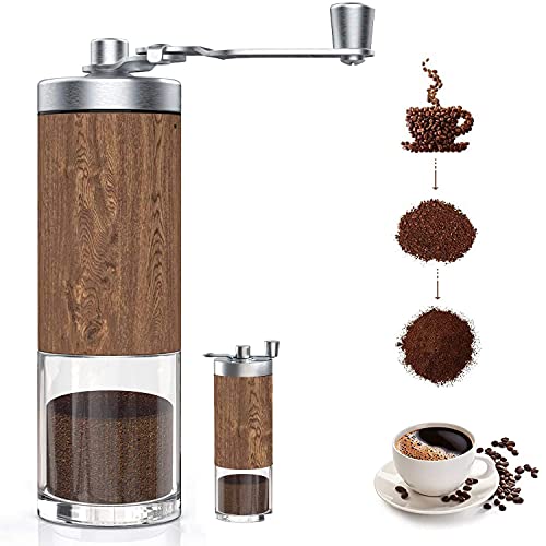 MISSFOX Kaffeemühle Manuell mit Keramikmahlwerk | Kaffeemühle Hand - Handkaffeemühle aus Edelstahl und Holz | Getreidemühle Manuell | Tragbar Coffee Grinder für Küche, Camping und Outdoor von MISSFOX