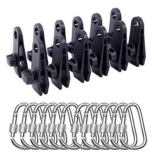 MISSFOX Planenclips 24 Stück Zeltklemme Set Krokodilmund Planenklammern Winddichte Markisen Clips mit D-Form Karabiner für Outdoor (12 Tarp Clips und 12 Karabiner) von MISSFOX