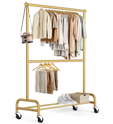 MISSLO Goldene Kleiderständer zum Aufhängen von Kleidung, robuster Kleiderständer, doppelter Kleiderständer, Metall, Rollgarderobe, Schrank, Kleiderständer auf Rädern von MISSLO