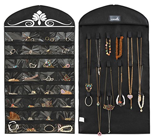 MISSLO Schmuck-Organizer zum Aufh?ngen aus Vliess 32 F?cher 18 Haken und Klettbandschlaufen, Schwarz von MISSLO