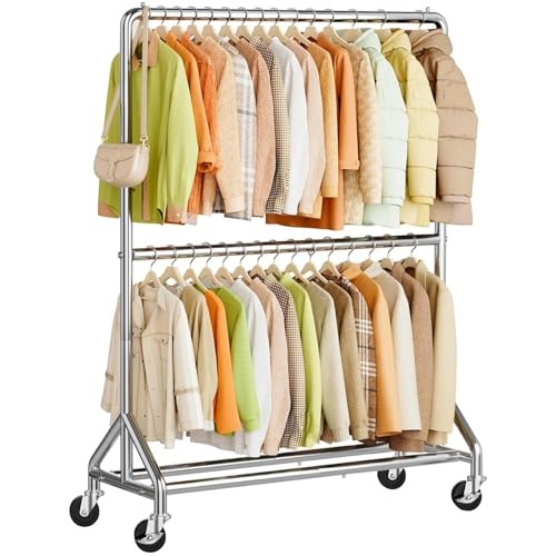 MISSLO Schwerlast Kleiderständer auf Rollen, 127 cm Breit Doppelter Kleiderstange, Stabile Garderobenständer Industrie mit 2 Stangen für Hemden, Mäntel, Jacken, Kommerzieller (Silber) von MISSLO
