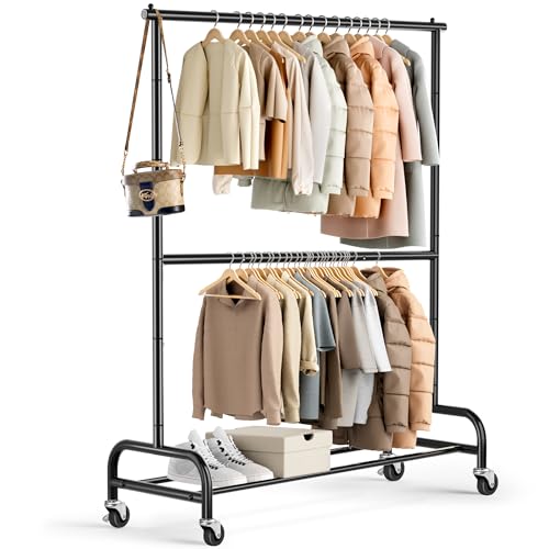 MISSLO Schwerlast Kleiderständer auf Rollen Kleiderstange Doppelt Metall für Hängende Fahrbarer Klamotten Ständer Closet Garderobe Rack, Einstellbar, Schwarz von MISSLO