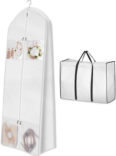 MISSLO Tragbarer Kleidersack für Hochzeitskleider, 177,8 cm, mit Braut-Tragetasche, 20,3 cm, Zwickeltaschen für Kleider, lang, 4 Taschen, Kleiderhülle für Damen, Weiß von MISSLO