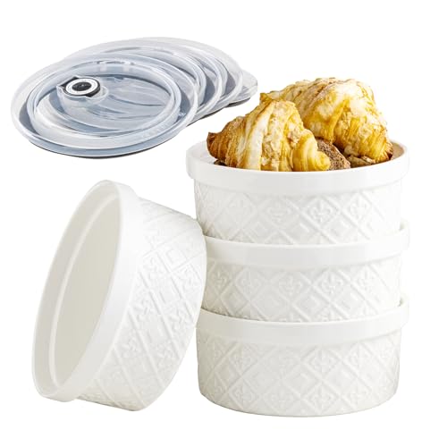 Große Keramikschalen 1,2 l, Auflaufförmchen für Küche, Prägung, Servierschalen mit Deckel für Obst, Salat, Snacks, luftdichte Frischhaltedosen, 4 Stück, geeignet für Einweihungsfeiern, Weiß Große Keramikschalen 1,2 l, Auflaufförmchen für Küche, Prägung, Servierschalen mit Deckel für Obst, Salat, Snacks, luftdichte Frischhaltedosen, 4 Stück, geeignet für Einweihungsfeiern, Weiß von MISSYSSIM