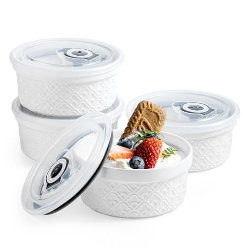 MISSYSSIM Auflaufförmchen mit Deckel, ofenfest, Creme Brulee Auflaufförmchen mit Deckel, Keramik, kleine Auflaufförmchen, 4er-Set, Souffle-Schüsseln, mikrowellen- und spülmaschinenfest, White Cloud von MISSYSSIM