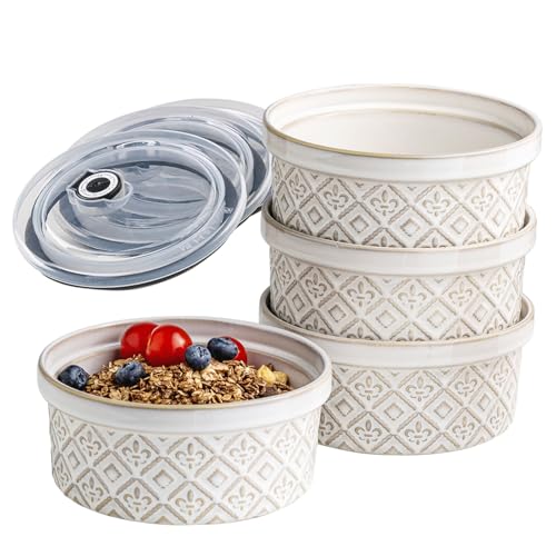 Müslischüssel-Set mit Deckel, Keramik-Salatschüsseln für Küche, Vorbereitung, Camping, Büro, Mittagessen, 15,2 cm, Porzellanauflaufförmchen, Suppenschalen mit luftdichtem Deckel, 4er-Set von MISSYSSIM