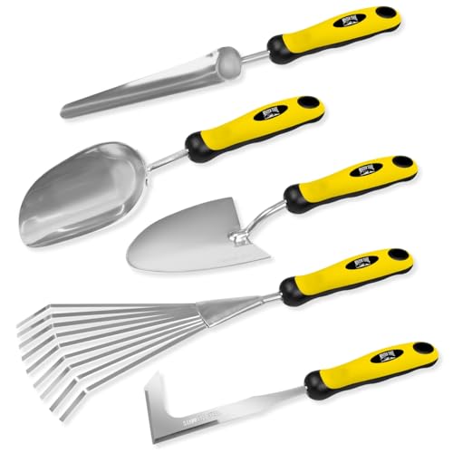 MISTER TOOL Gartenwerkzeug Set - 5-teiliges Set mit Pflanz- & Volumenschaufel, Federrechen, Unkrautkelle & Fugenkratzer mit Köpfen aus rostfreiem Stahl, multifunktionell, vielseitig einsetzbar von MISTER TOOL