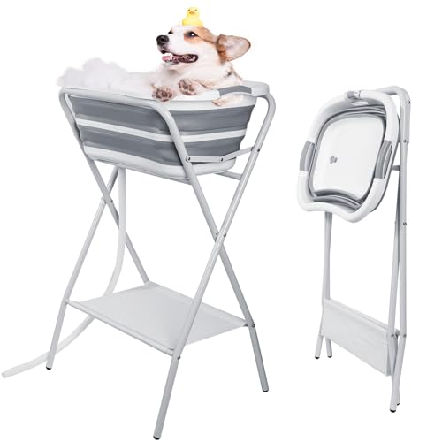 【Haustier Hundebadewanne Faltbar】2 in 1 Tragbare Hundewaschstation, Waschstation für die Fellpflege mit Abfluss und Ablage, Hundedusche für kleine bis mittelgroße Hunde Katzen Haustier, drinnen und von MISTRO