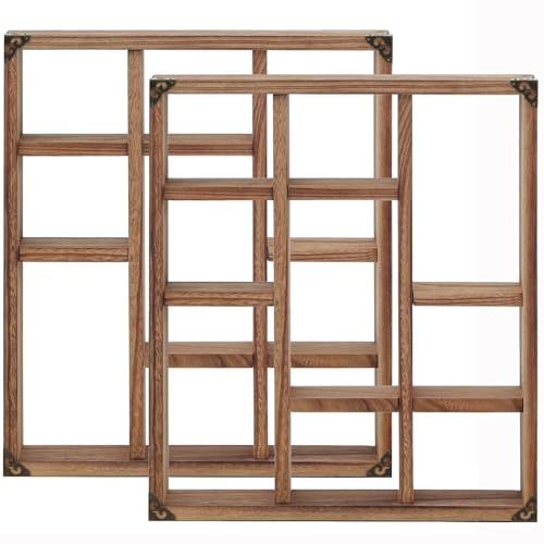 MITREL 45 x 40 cm Schattenbox-Regal, 9 Fächer, rustikales Holz, schwebende Regale, größeres Regal, leichtes Massivholz-Ausstellungsregal (2er-Set, 9 Stück, braun) von MITREL