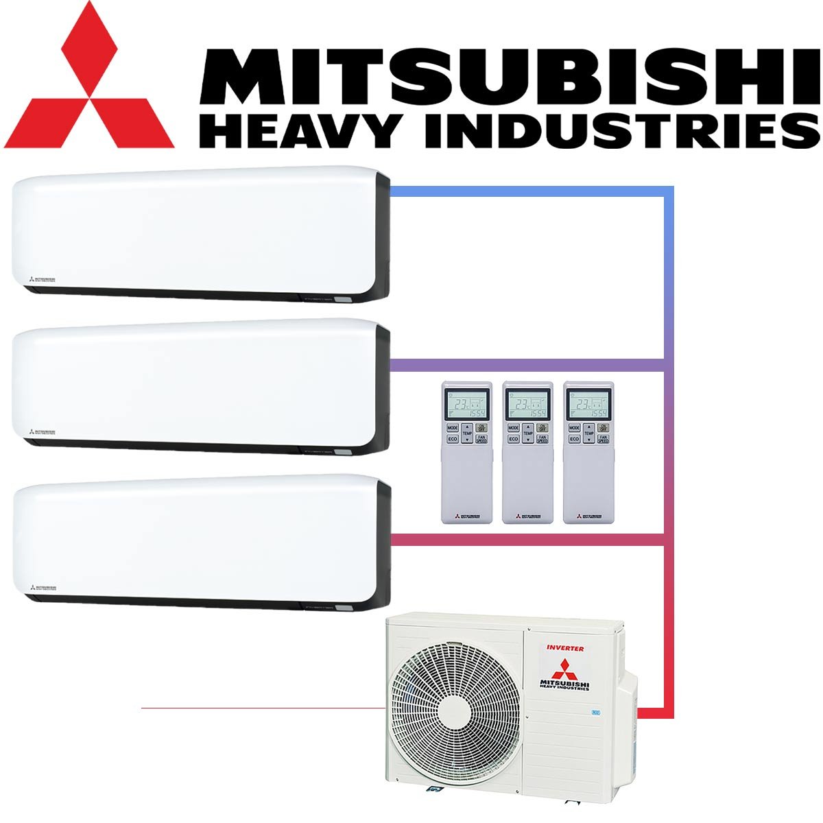 SET MITSUBISHI mit 3 Wandgeräten 2,0kW SRK20 weiß/schwarz und... von Mitsubishi Heavy