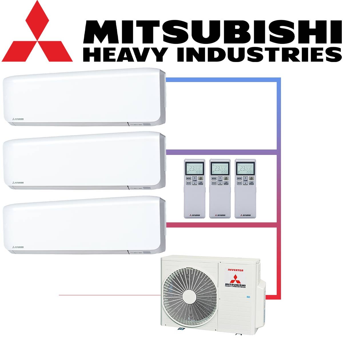 SET MITSUBISHI mit 3 Wandgeräten 2,0kW SRK20 weiß und Außeneinheit... von Mitsubishi Heavy