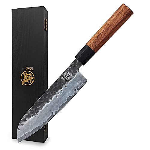 MITSUMOTO SAKARI 19 cm Japanisches Santoku Kochmesser, Hochkohlenstoffstahl Scharfe Küchenmesser, Handgeschmiedetes Küchenmesser Profi (Rosenholzgriff & Geschenkbox) von MITSUMOTO SAKARI