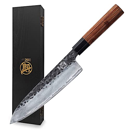 MITSUMOTO SAKARI Handgeschmiedetes Küchenmesser, 22 cm Gyuto Kochmesser, Hochkohlenstoffstahl Stahl japanisches küchenmesser (Rosenholzgriff und Boutique Holzkiste) von MITSUMOTO SAKARI