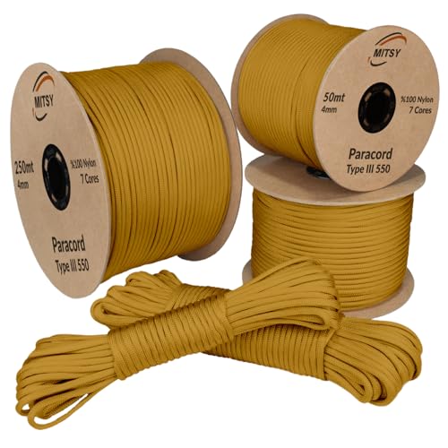 MITSY Paracord 4 mm 10 Meter Dunkel Senf 100% Nylon Schnur für Hundeleine, Camping, Outdoor und Survival Ausrüstung mit 10m, 25m, 50m, 100m, 250m Paracord 550 Typ III 7 Kern von MITSY