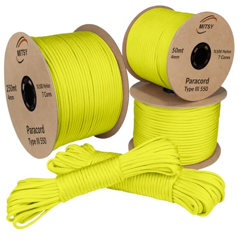 MITSY Paracord 4 mm 10 Meter Phosphor Gelb 100% Nylon Schnur für Hundeleine, Camping, Outdoor und Survival Ausrüstung mit 10m, 25m, 50m, 100m, 250m Paracord 550 Typ III 7 Kern von MITSY