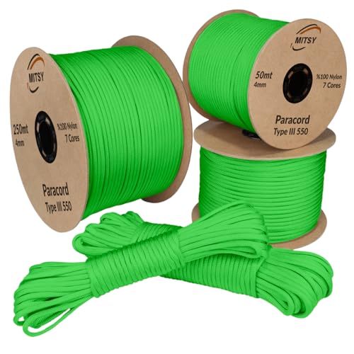 MITSY Paracord 4 mm 50 Meter Phosphor Grün 100% Nylon Schnur für Hundeleine, Camping, Outdoor und Survival Ausrüstung mit 10m, 25m, 50m, 100m, 250m Paracord 550 Typ III 7 Kern MITSY Paracord 4 mm 50 Meter Phosphor Grün 100% Nylon Schnur für Hundeleine, Camping, Outdoor und Survival Ausrüstung mit 10m, 25m, 50m, 100m, 250m Paracord 550 Typ III 7 Kern von MITSY