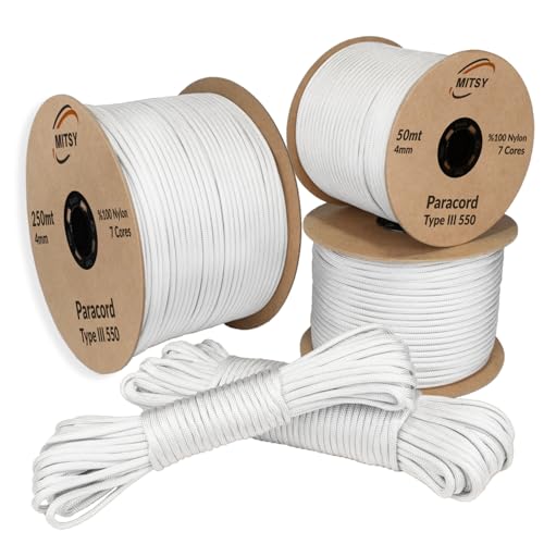 MITSY Paracord 4 mm 50 Meter Weiß 100% Nylon Schnur für Hundeleine, Camping, Outdoor und Survival Ausrüstung mit 10m, 25m, 50m, 100m, 250m Paracord 550 Typ III 7 Kern MITSY Paracord 4 mm 50 Meter Weiß 100% Nylon Schnur für Hundeleine, Camping, Outdoor und Survival Ausrüstung mit 10m, 25m, 50m, 100m, 250m Paracord 550 Typ III 7 Kern von MITSY