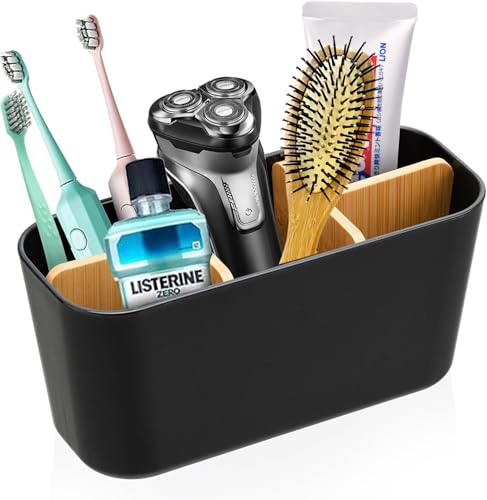MITUMORMOR Bambus Trennwände Toothbrush Holder, Multifunktional Zahnbürstenständer mit 4 Zahnbürstenfächer +1 Aufbewahrungsschlitz, Badezimmer Zahnbürste Organizer Geeignet für Büro Wohnzimmer von MITUMORMOR
