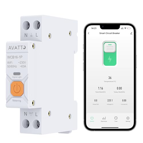AVATTO Smarter Leistungsschutzschalter WIFI 1P Hutschiene für Smart Home Wireless Fernbedienung Schalter Kompatibel mit Alexa und Google Assistant Smart Life TUYA APP (Mit Metering 16A) von MIUCDA