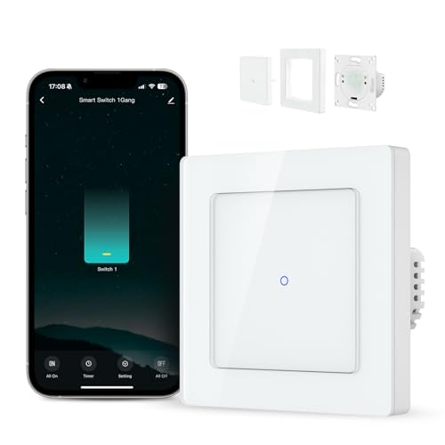MIUCDA Smart Touch Lichtschalter WLAN 55x55mm 1 Fach 1 Weg Kompatibel mit Alexa und Google Home Sprachsteuerung，Timing-Funktion, Smart Life APP Fernsteuerung (2,4GHz WiFi, Neutralleiter Erforderlich） von MIUCDA