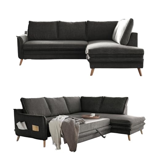 MIUFORM Charming Charlie L mit Bettkasten | limitierter Polsterstoff | 6 Sitzer Ecksofa | L-Form rechts | 234 x 200 x 90cm Couch | Klappsofa mit Schlaffunktion | Schlafsofa klappbar (Dunkelgrau) von MIUFORM