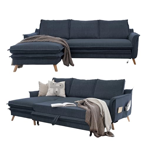 MIUFORM Charming Charlie S mit Bettkasten | limitierter Polsterstoff | 4 Sitzer Ecksofa | L-Form Links | 228 x 150 x 90cm Couch | Klappsofa mit Schlaffunktion | Schlafsofa klappbar (Dunkelblau) von MIUFORM