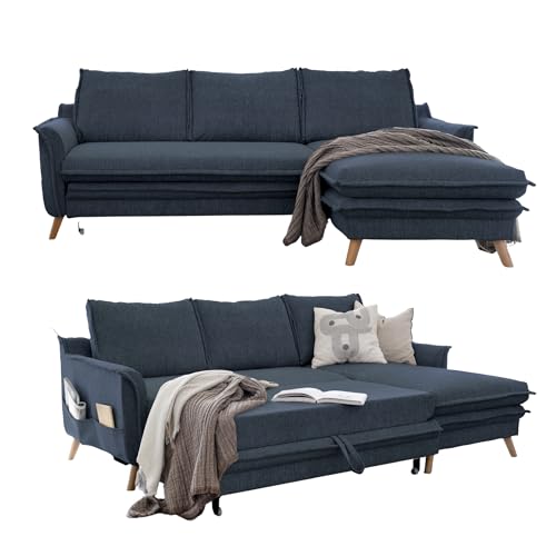MIUFORM Charming Charlie S mit Bettkasten | limitierter Polsterstoff | 4 Sitzer Ecksofa | L-Form rechts | 228 x 150 x 90cm Couch | Klappsofa mit Schlaffunktion | Schlafsofa klappbar (Dunkelblau) von MIUFORM
