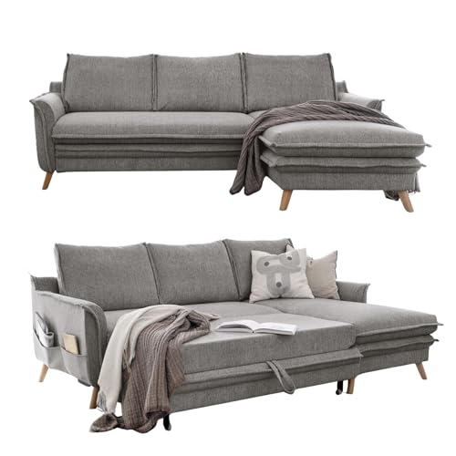 MIUFORM Charming Charlie S mit Bettkasten | limitierter Polsterstoff | 4 Sitzer Ecksofa | L-Form rechts | 228 x 150 x 90cm Couch | Klappsofa mit Schlaffunktion | Schlafsofa klappbar (Grau) von MIUFORM