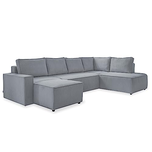 MIUFORM Cord Sofa U Form 322 cm x 194 cm x 89 cm, Ecksofa mit Schlaffunktion und Bettkasten- Brave Dave U- Wohnlandschaft U Form mit Schlaffunktion, Sofa Cord (Hellgrau, Rechts ausgerichtet) von MIUFORM