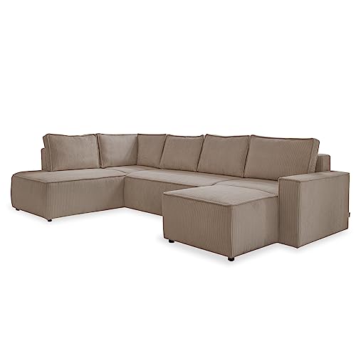 MIUFORM Cord Sofa U Form 322 cm x 194 cm x 89 cm, Ecksofa mit Schlaffunktion und Bettkasten- Brave Dave U- Wohnlandschaft U Form mit Schlaffunktion, Sofa Cord (Taupe, Links ausgerichtet) von MIUFORM