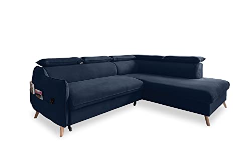 MIUFORM Ecksofa L-Form mit Bettfunktion Kopfstütze | Sweet Harmony Ecksofa L-Form Wohnschlandschaft Schlafcouch | Easy Clean Stoff Samt (Navy Blau, Rechts ausgerichtet) von MIUFORM