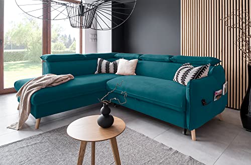 MIUFORM Ecksofa L-Form mit Bettfunktion Kopfstütze | Sweet Harmony Ecksofa L-Form Wohnschlandschaft Schlafcouch | Easy Clean Stoff Samt (Türkis, Links ausgerichtet) von MIUFORM