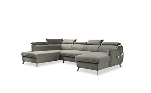 MIUFORM Ecksofa U-Form mit Bettfunktion und Bettkasten Kopfstütze | Sweet Harmony Ecksofa Wohnschlandschaft Schlafcouch | Easy Clean Stoff Samt (Hellgrau, Links ausgerichtet) von MIUFORM