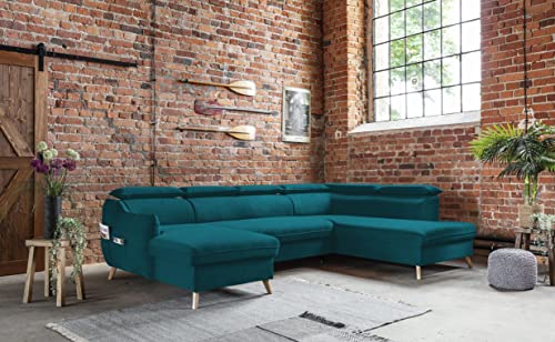 MIUFORM Ecksofa U-Form mit Bettfunktion und Bettkasten Kopfstütze | Sweet Harmony Ecksofa Wohnschlandschaft Schlafcouch | Easy Clean Stoff Samt (Türkis, Rechts ausgerichtet) von MIUFORM