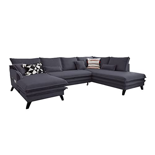 MIUFORM Ecksofa U-Form mit Schlaffunktion und Bettkasten | Charming Charlie | Wohnladschaft Couch Schlafcouch Wohnzimmer Gästezimmer | Holzlfüße Boho-Stil (Anthrazit, Rechts ausgerichtet) von MIUFORM