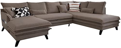 MIUFORM Ecksofa U-Form mit Schlaffunktion und Bettkasten | Charming Charlie | Wohnladschaft Couch Schlafcouch Wohnzimmer Gästezimmer | Holzlfüße Boho-Stil (Taupe, Rechts ausgerichtet) von MIUFORM