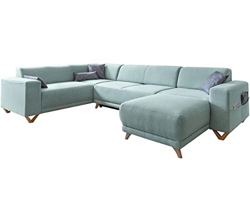 MIUFORM Ecksofa U-Form mit Schlaffunktion und Bettkasten | Classy Sophie | Wohnladschaft Couch Schlafcouch Wohnzimmer Gästezimmer | Holzfüße (Pastellblau, Links ausgerichtet) von MIUFORM