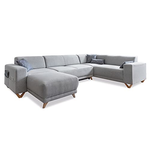 MIUFORM Ecksofa U-Form mit Schlaffunktion und Bettkasten | Classy Sophie | Wohnladschaft Couch Schlafcouch Wohnzimmer Gästezimmer | Holzfüße (Hellgrau, Rechts ausgerichtet) von MIUFORM