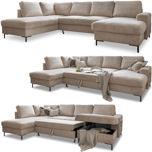 Cord Sofa U Form mit Schlaffunktion - Ecksofa mit Schlaffunktion und Bettkasten, Wohnlandschaft U Form, XXL Couch U Form, Big Sofa XXL, Eckcouch mit Schlaffunktion und Bettkasten, Ecksofa Beige Links von MIUFORM