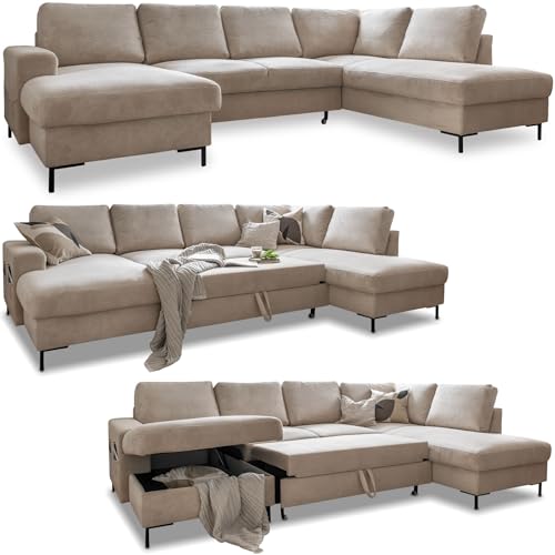 Cord Sofa U Form mit Schlaffunktion - Ecksofa mit Schlaffunktion und Bettkasten, Wohnlandschaft U Form, XXL Couch U Form, Big Sofa XXL, Eckcouch mit Schlaffunktion und Bettkasten, Ecksofa Beige Rechts von MIUFORM