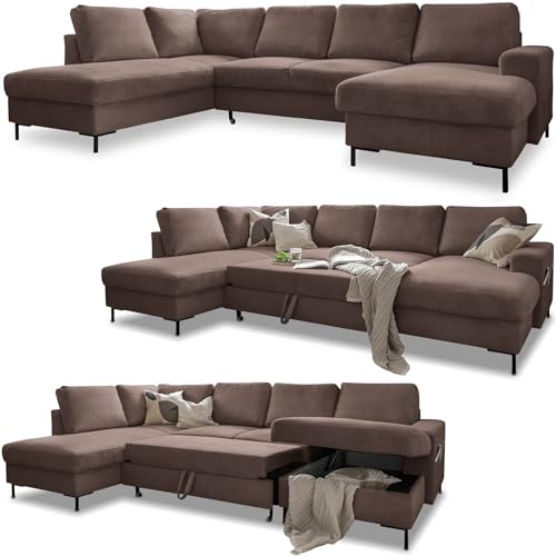 Cord Sofa U Form mit Schlaffunktion - Ecksofa mit Schlaffunktion und Bettkasten, Wohnlandschaft U Form, XXL Couch U Form, Big Sofa XXL, Eckcouch mit Schlaffunktion und Bettkasten, (Taupe Links) von MIUFORM