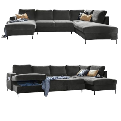 MIUFORM Ecksofa U Form mit Schlaffunktion und Bettkasten | Lofty Lilly | Wohnladschaft Couch Schlafcouch Wohnzimmer Gästezimmer | Samt Metallfüße (Dunkelgrau, Rechts ausgerichtet) von MIUFORM