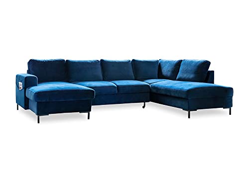 MIUFORM Ecksofa U Form mit Schlaffunktion und Bettkasten | Lofty Lilly | Wohnladschaft Couch Schlafcouch Wohnzimmer Gästezimmer | Samt Metallfüße (Navy Blau, Rechts ausgerichtet) von MIUFORM