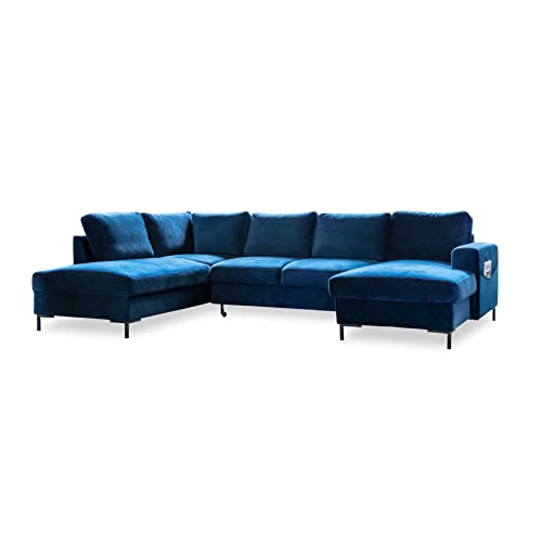 MIUFORM Ecksofa U Form mit Schlaffunktion und Bettkasten | Lofty Lilly | Wohnladschaft Couch Schlafcouch Wohnzimmer Gästezimmer | Samt Metallfüße (Navy blau, Links ausgerichtet) von MIUFORM
