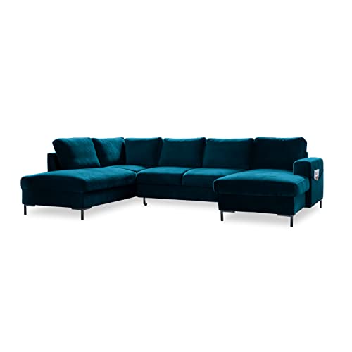 MIUFORM Ecksofa U Form mit Schlaffunktion und Bettkasten | Lofty Lilly | Wohnladschaft Couch Schlafcouch Wohnzimmer Gästezimmer | Samt Metallfüße (Petrolgrün, Links ausgerichtet) von MIUFORM