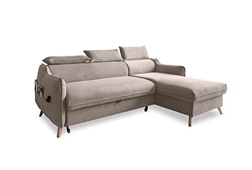 MIUFORM Ecksofa mit Bettfunktion und Bettkasten Kopfstütze | Sweet Harmony Ecksofa Wohnschlandschaft Schlafcouch | Easy Clean Stoff Samt (Beige, Rechts ausgerichtet) von MIUFORM