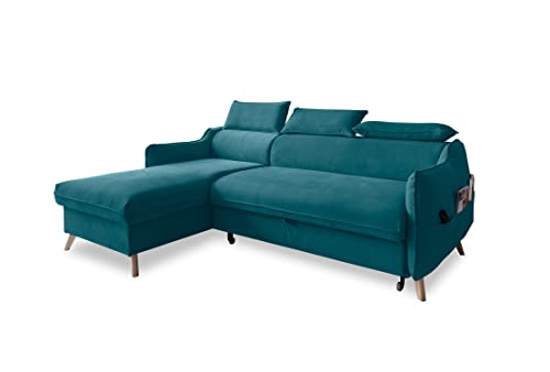 MIUFORM Ecksofa mit Bettfunktion und Bettkasten Kopfstütze | Sweet Harmony Ecksofa Wohnschlandschaft Schlafcouch | Easy Clean Stoff Samt (Türkis, Links ausgerichtet) von MIUFORM